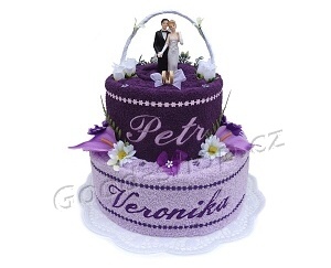Textilní dort svatební se jmény 2patrový tm.fialová-sv.fialová