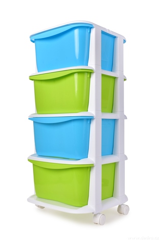 QUATRO čtyřpatrový regál, se 4 boxy a kolečky, modro-zelený