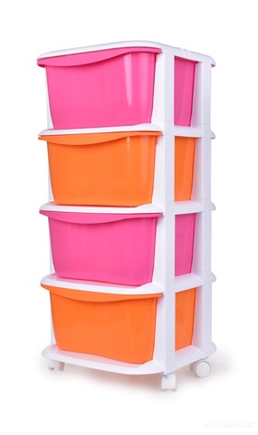 QUATRO čtyřpatrový regál, se 4 boxy a kolečky, růžovo-oranžový